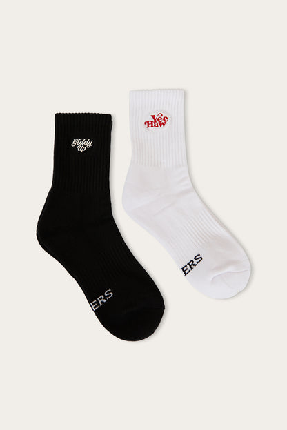 Giddy Up Unisex Sock 2 Pack - White/Black