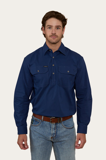 King River Mens Half Button Coolmax Work Shirt - Navy