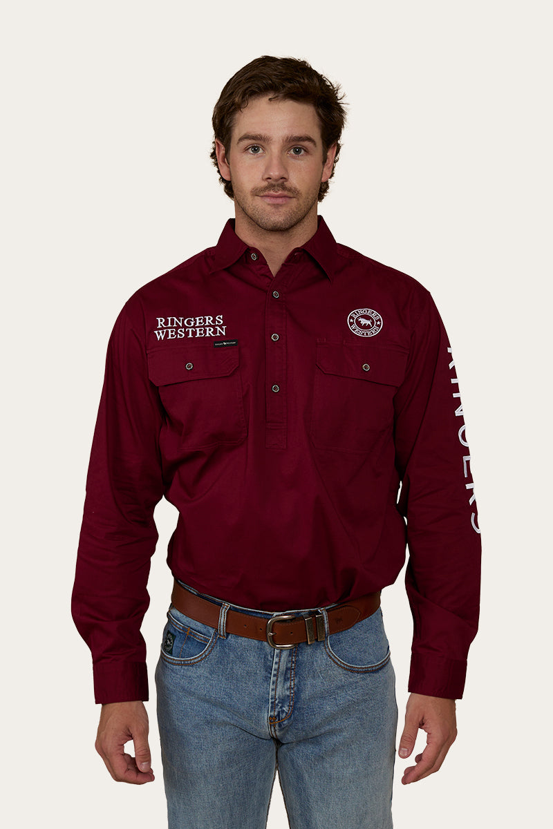 Hawkeye Mens Half Button Work Shirt - Burgundy