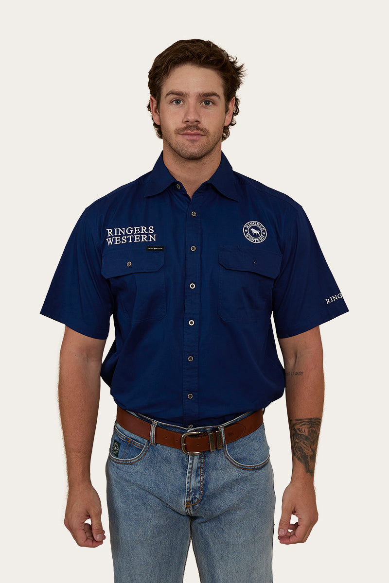 Hawkeye Mens Short Sleeve Full Button Work Shirt - Navy / White