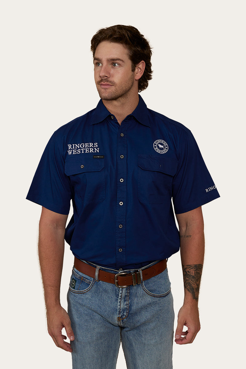 Hawkeye Mens Short Sleeve Full Button Work Shirt - Navy / White