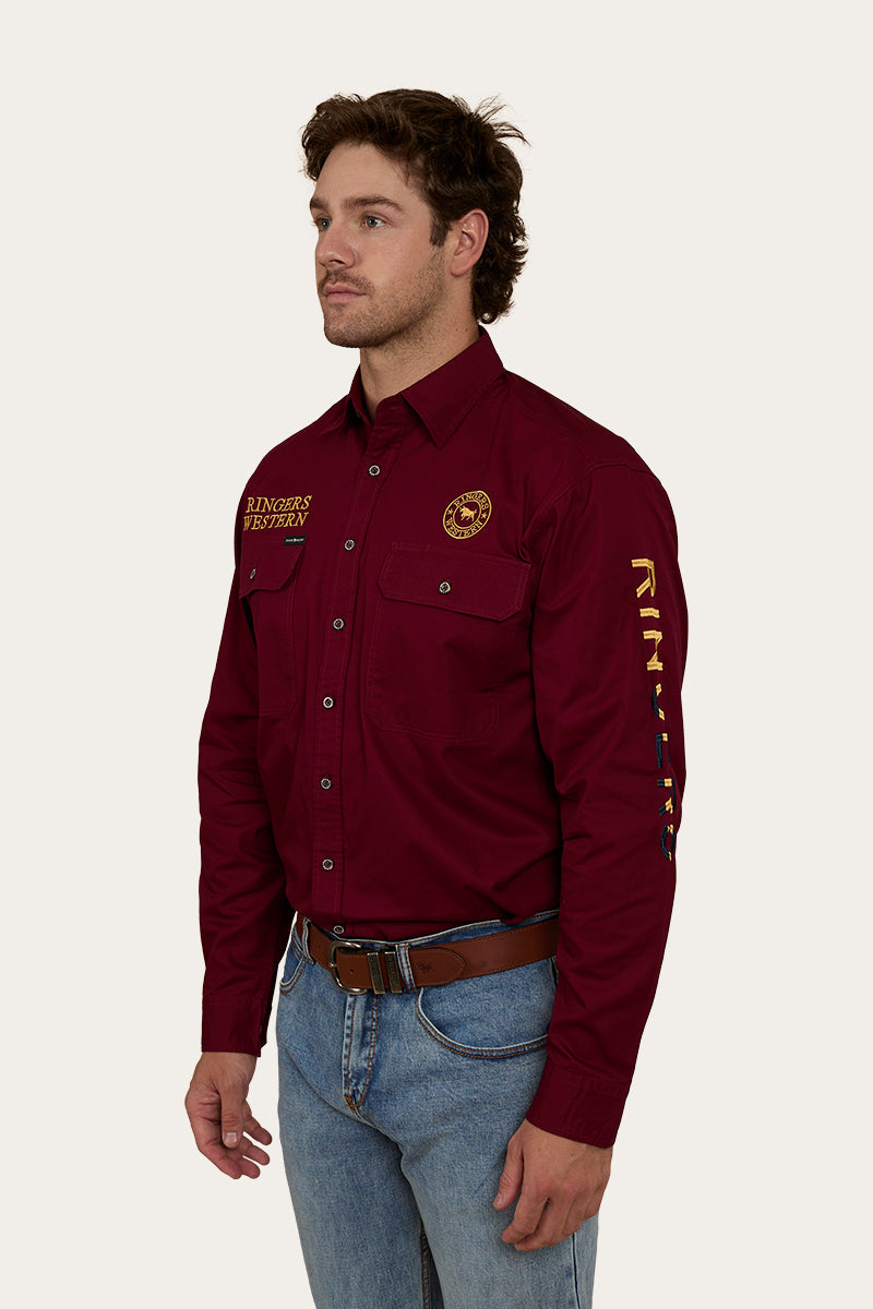 Hawkeye Flag Mens Full Button Work Shirt - Burgundy