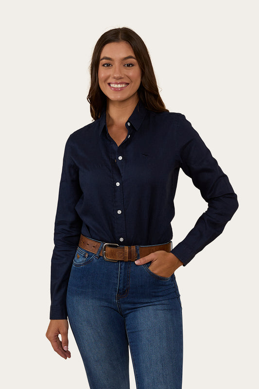 Hayley Womens Relaxed Linen Dress Shirt - Navy