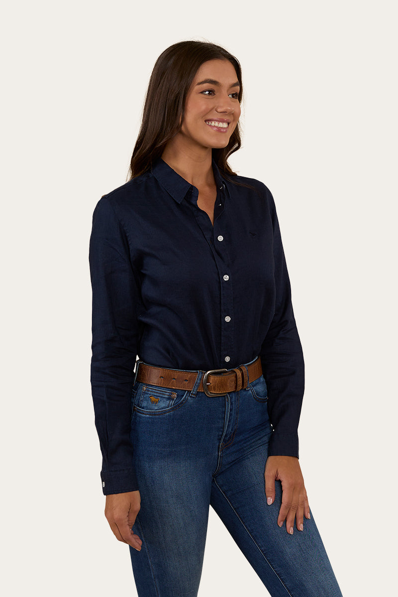 Hayley Womens Relaxed Linen Dress Shirt - Navy