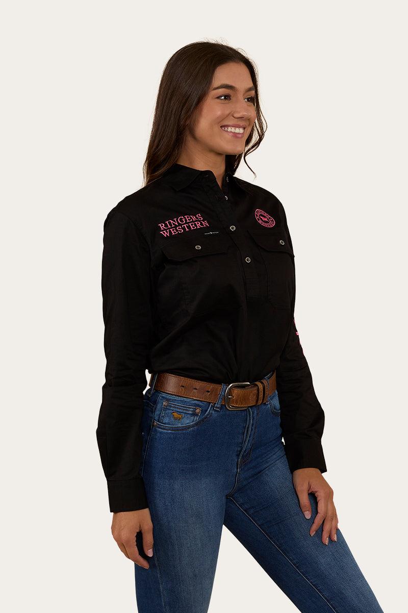 Signature Jillaroo Womens Half Button Work shirt - Black/Melon