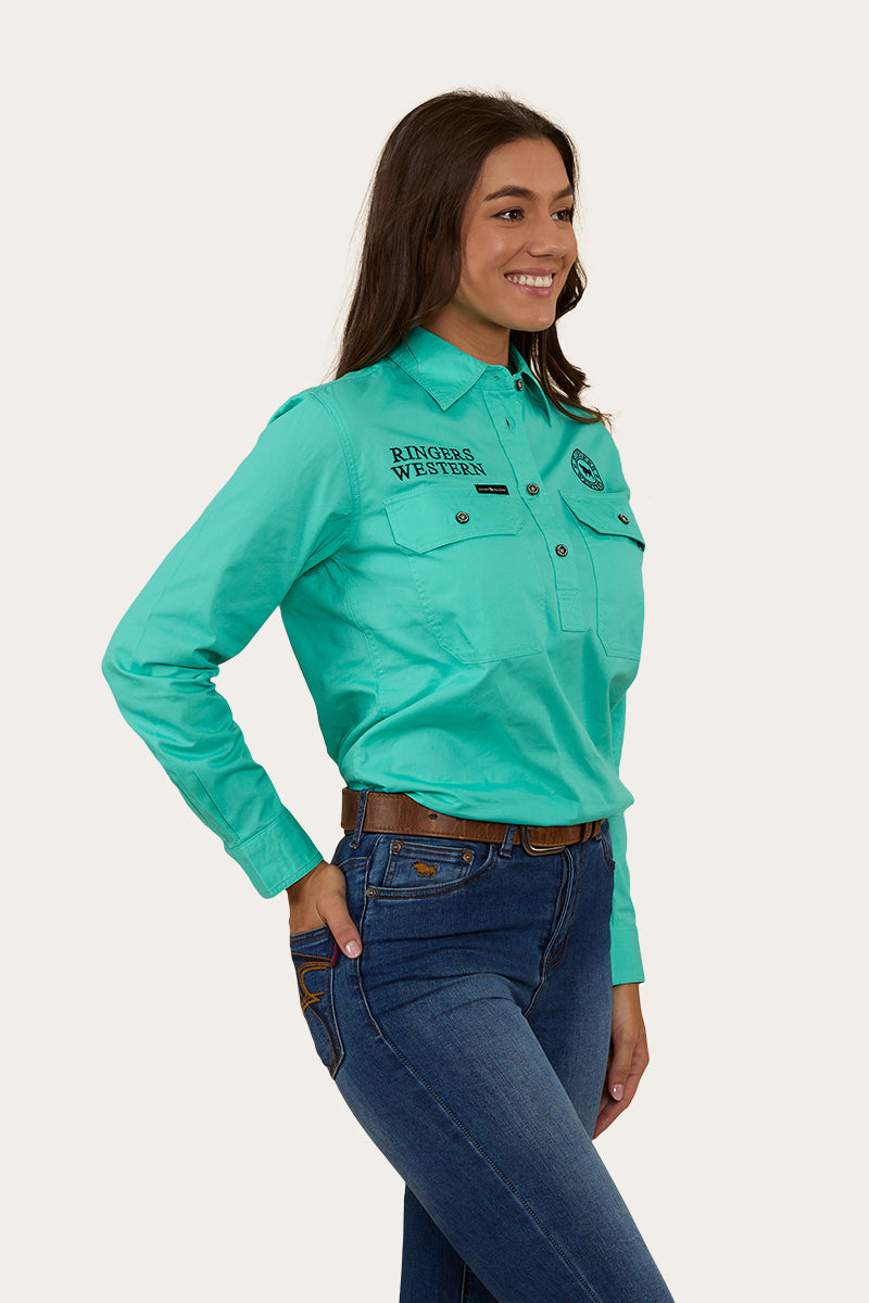 Signature Jillaroo Womens Half Button Work Shirt - Mint/Navy