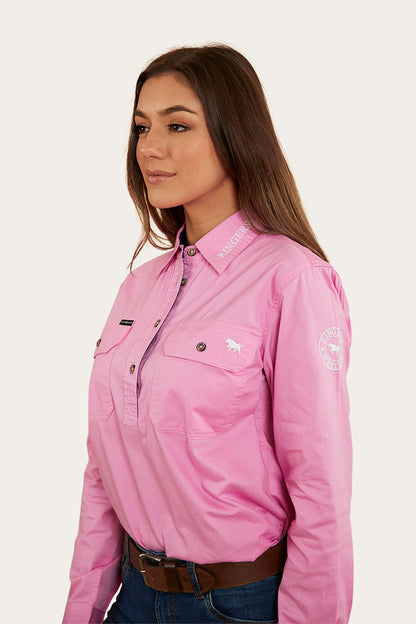 Longdale Womens Half Button Work Shirt - Pastel Pink/Navy