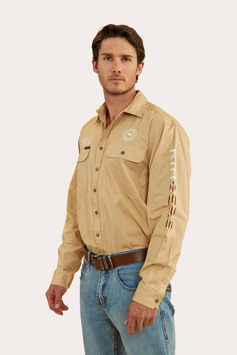 Hawkeye Flag Mens Full Button Work Shirt - Dark Sand