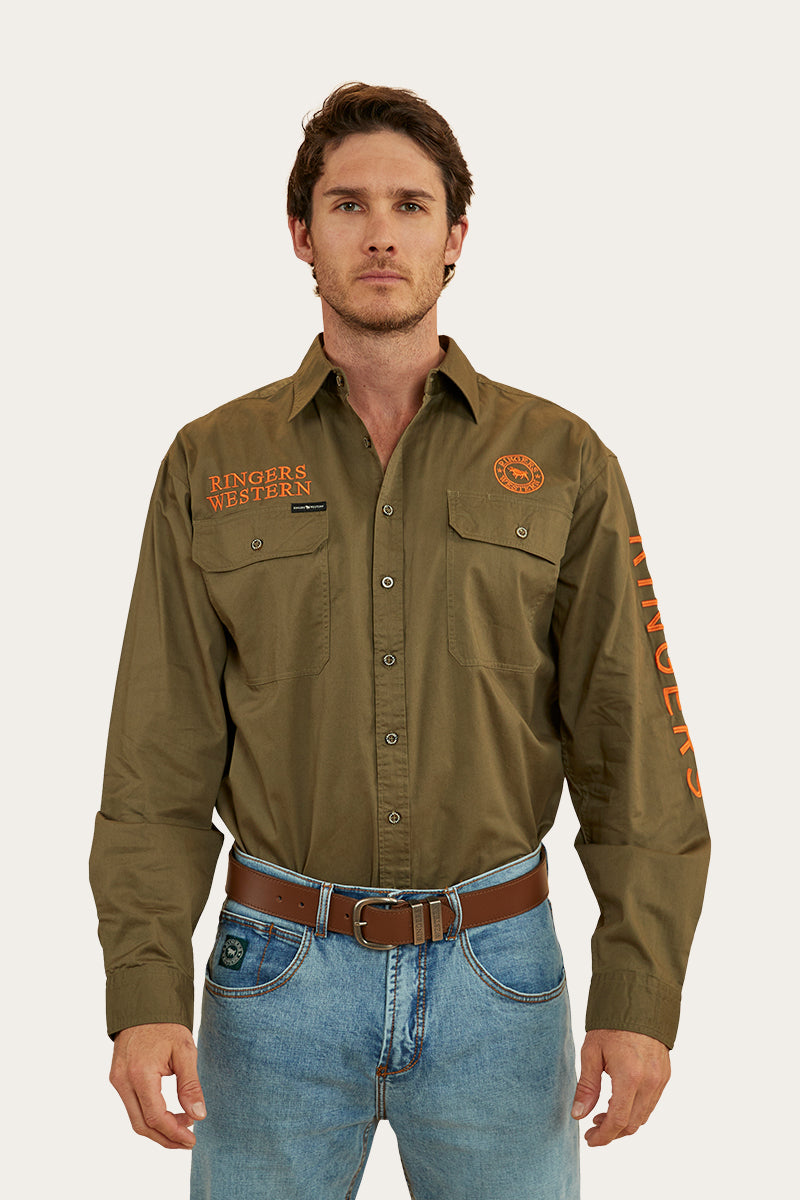 Hawkeye Mens Full Button Work Shirt - Military Green/Orange