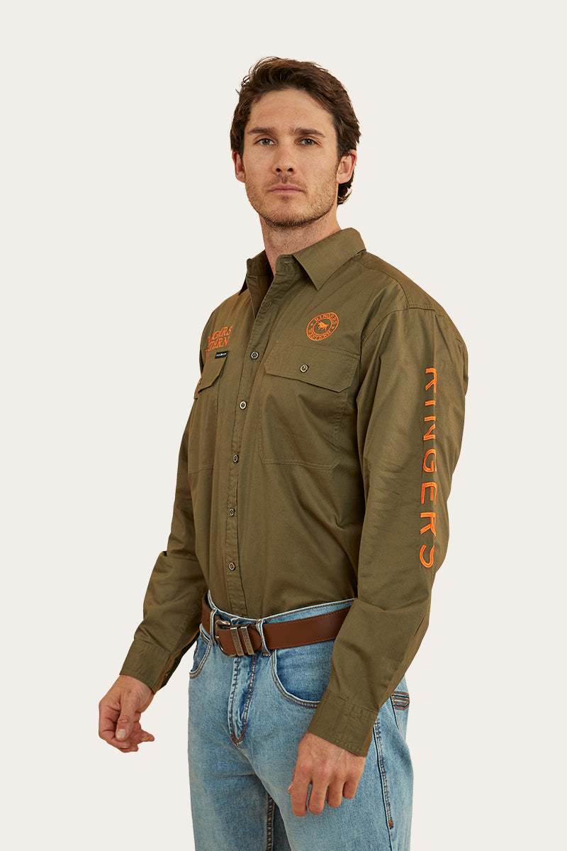 Hawkeye Mens Full Button Work Shirt - Military Green/Orange