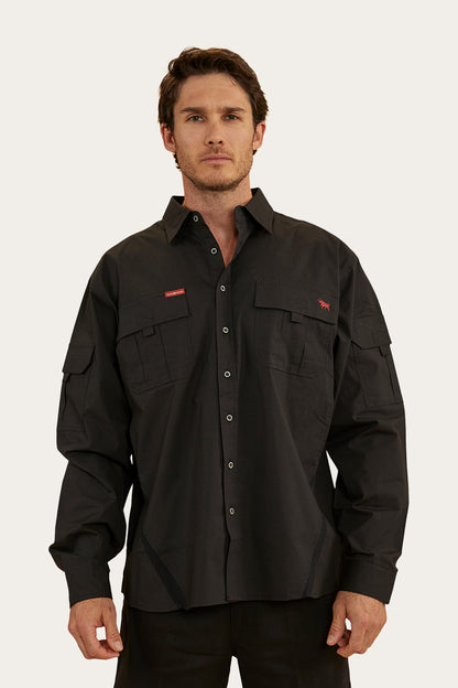 Pilbara Mens Ripstop Full Button Work Shirt - Black