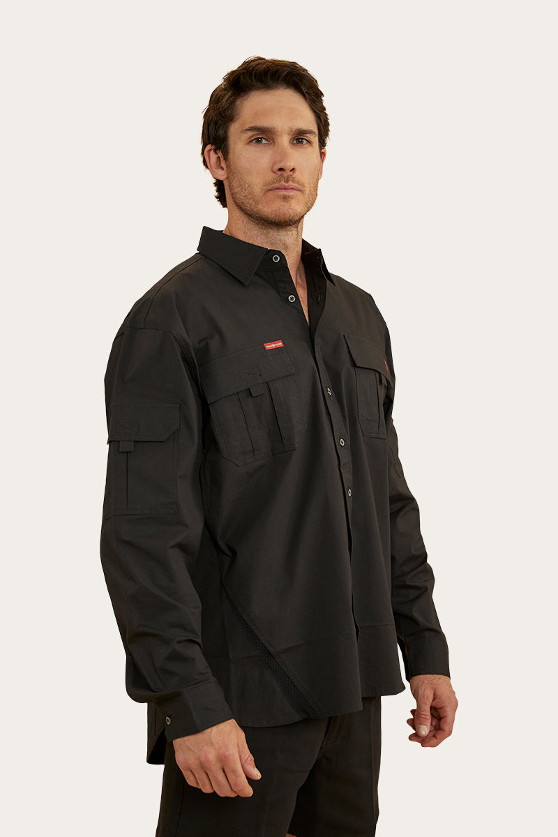 Pilbara Mens Ripstop Full Button Work Shirt - Black