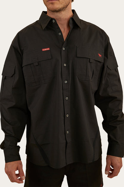 Pilbara Mens Ripstop Full Button Work Shirt - Black