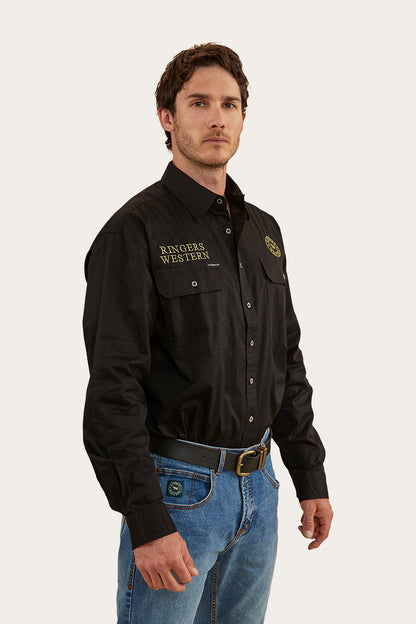 Hawkeye Mens Full Button Work Shirt - Black/Camo