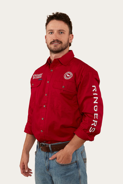 Hawkeye Mens Full Button Work Shirt - Red/White