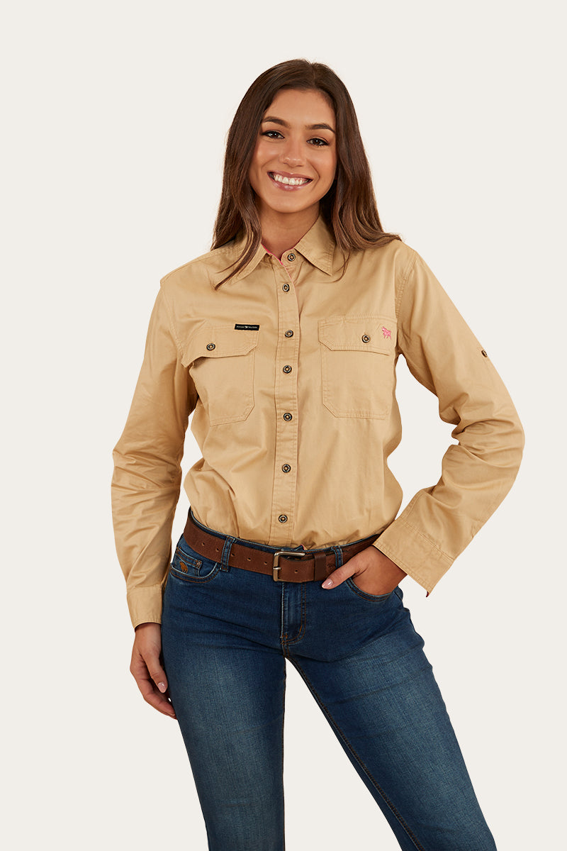 Pentecost River Womens Full Button Work Shirt - Dark Sand/Melon