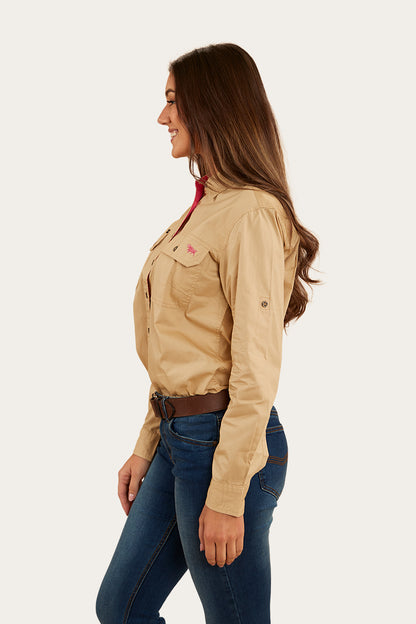 Pentecost River Womens Full Button Work Shirt - Dark Sand/Melon