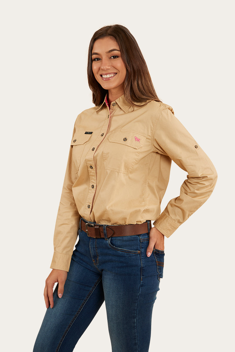 Pentecost River Womens Full Button Work Shirt - Dark Sand/Melon