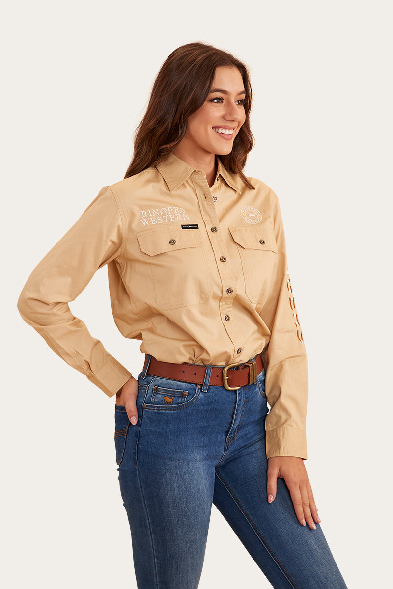 Signature Jillaroo Flag Womens Full Button Work Shirt - Dark Sand