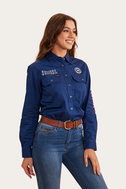 Signature Jillaroo Flag Womens Full Button Work Shirt - Navy