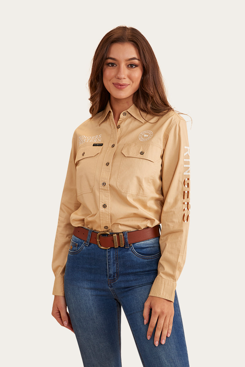 Signature Jillaroo Flag Womens Full Button Work Shirt - Dark Sand