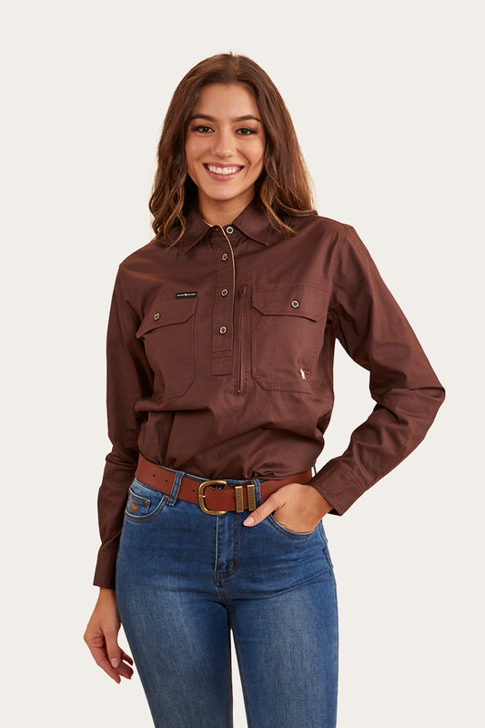 Herefords Womens Half Button Work Shirt - Chocolate/Dark Sand