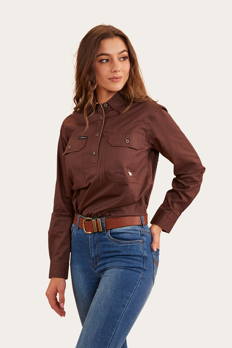 Herefords Womens Half Button Work Shirt - Chocolate/Dark Sand