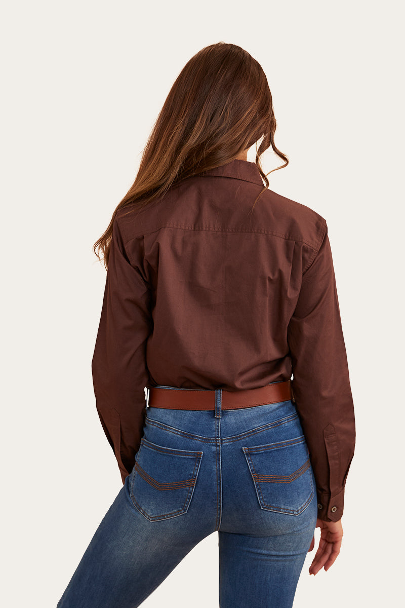 Herefords Womens Half Button Work Shirt - Chocolate/Dark Sand