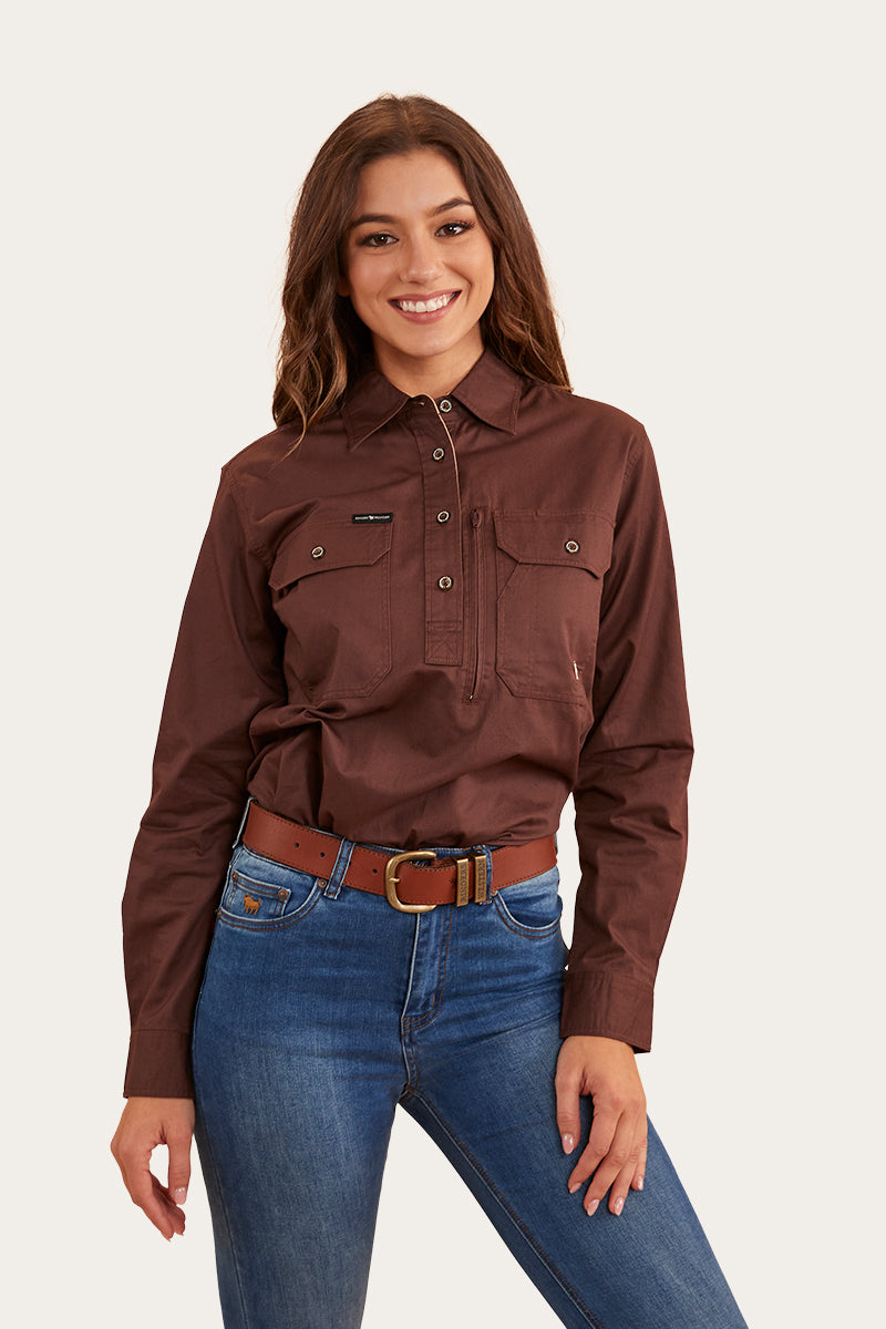 Herefords Womens Half Button Work Shirt - Chocolate/Dark Sand