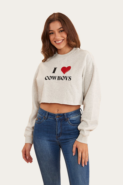 I Heart Cowboys Womens Crop Crew - Light Grey Marle