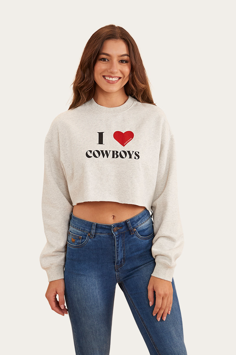 I Heart Cowboys Womens Crop Crew - Light Grey Marle