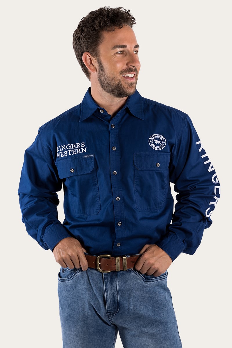 Hawkeye Mens Full Button Work Shirt - Navy/White