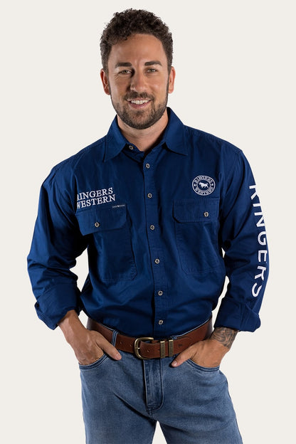 Hawkeye Mens Full Button Work Shirt - Navy/White