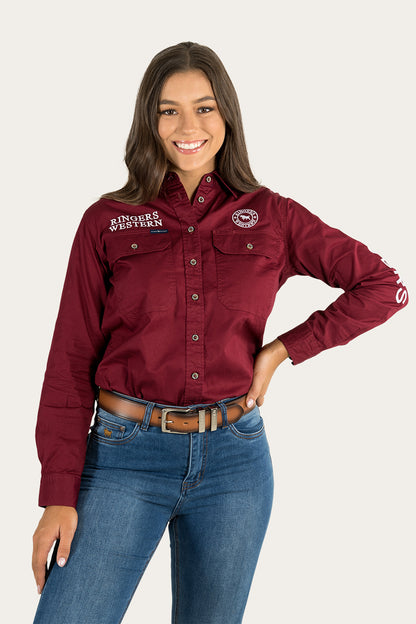 Signature Jillaroo Womens Full Button Work Shirt - Burgundy/White