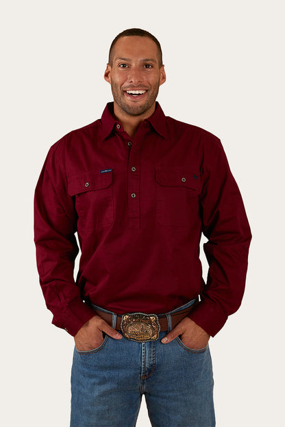 King River Mens Half Button Work Shirt - Burgundy