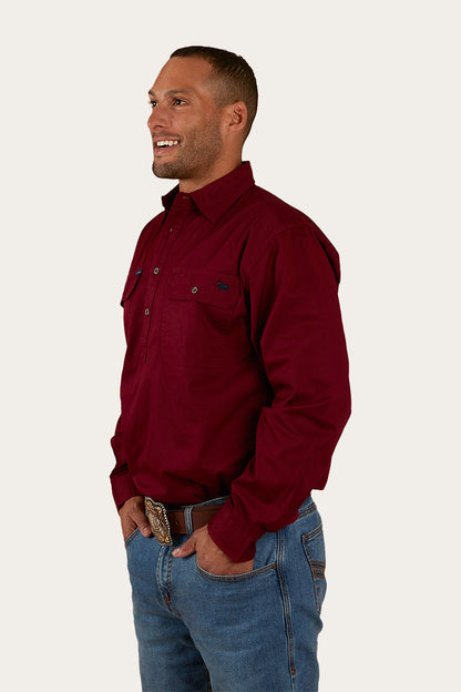 King River Mens Half Button Work Shirt - Burgundy