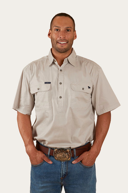 Pack Saddle Mens Short Sleeve Half Button Work Shirt - Beige