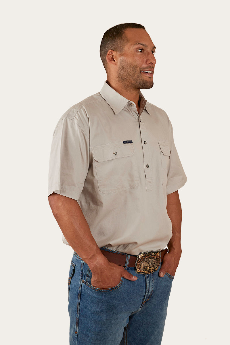 Pack Saddle Mens Short Sleeve Half Button Work Shirt - Beige