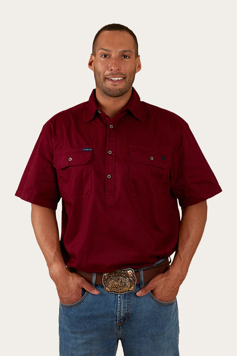 Pack Saddle Mens Short Sleeve Half Button Work Shirt - Burgundy