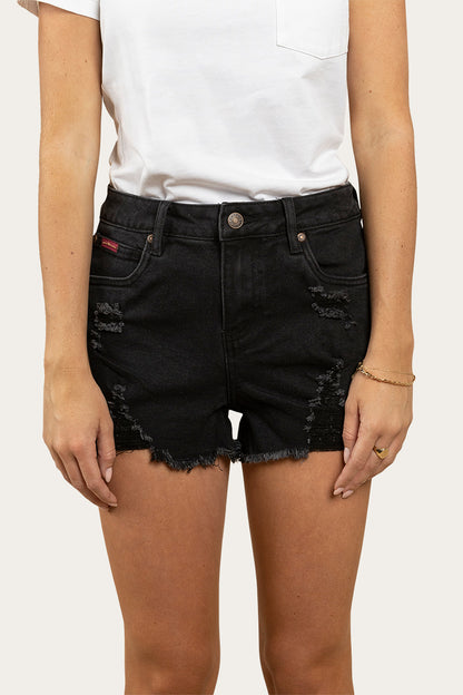 Jessie Womens Mid Rise Ripped Denim Short - Black